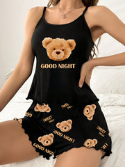 Adult Cartoon Teddy Bear Pajama Set with "Good Night" Lettering Polyester Knit All-Season