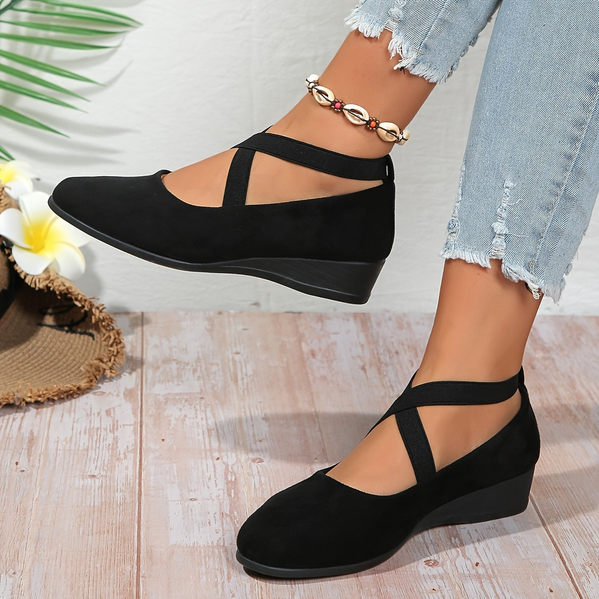 Women's Black Slip-On Dance Flats with Elastic Cross Strap, Breathable Fabric