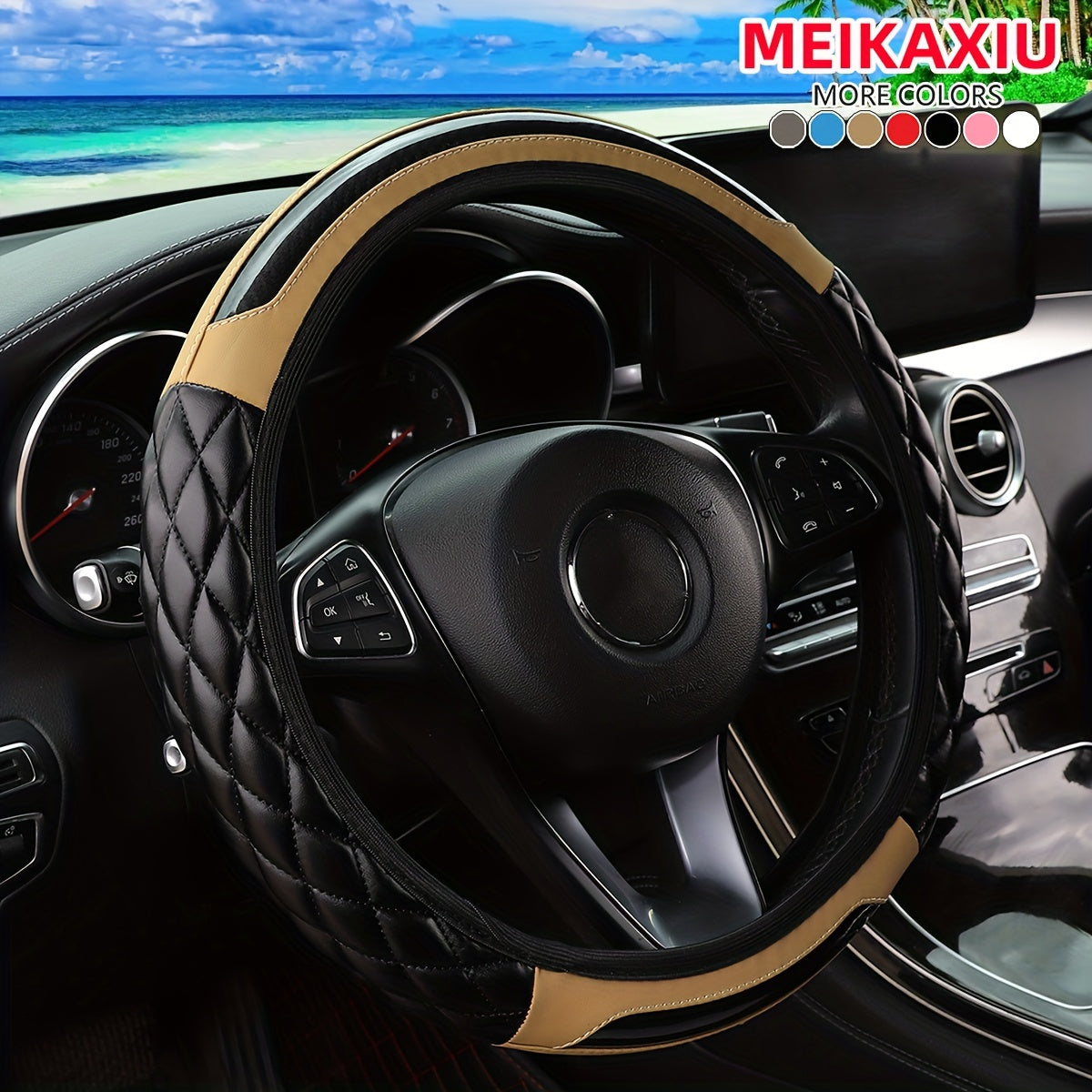 3D Embroidered Crystal Carbon Fiber Faux Leather Steering Wheel Cover Universal Fit 36.83-38.1 cm for Cars in 5 Colors