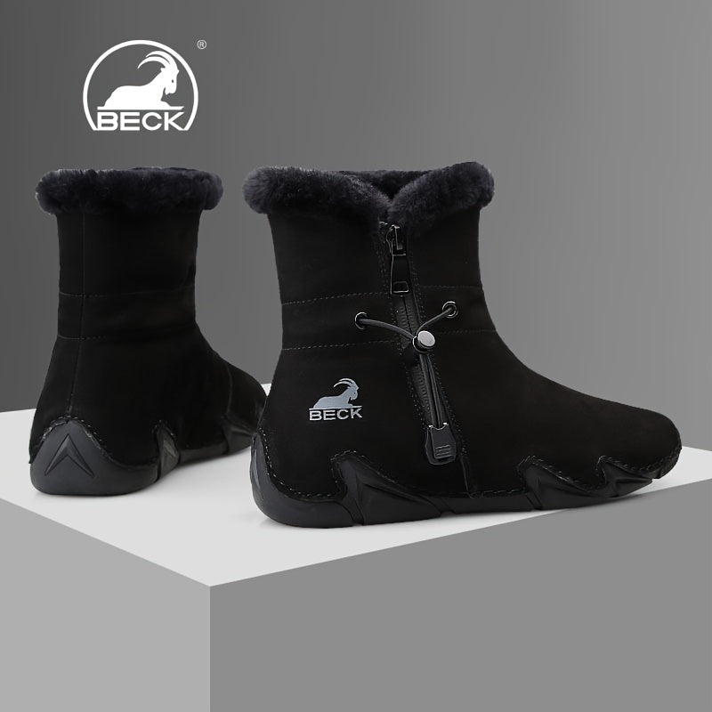 Women's Leather Winter Snow Boots with Fluffy Side Zipper and Warm Lining