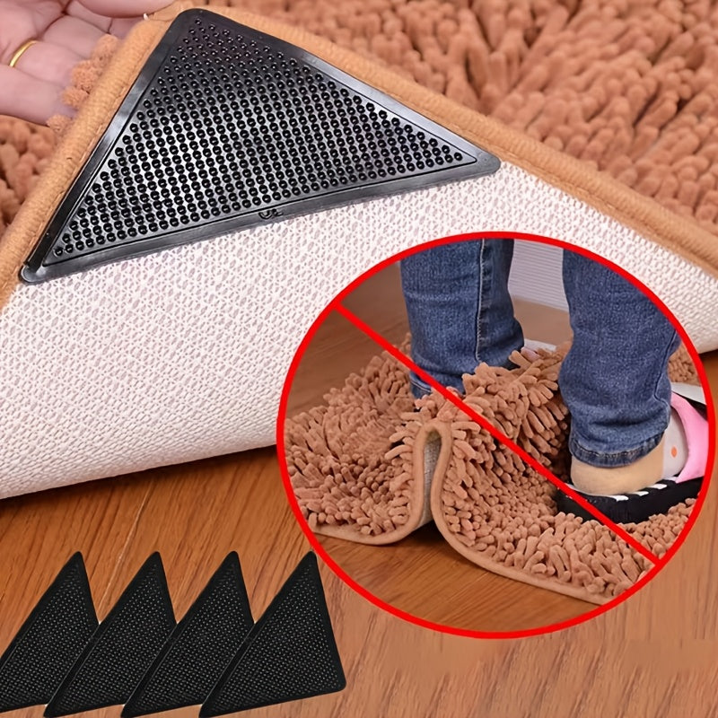 Four-Piece Non-Slip Carpet Mats with Reusable Clips for Hardwood and Tile Floors