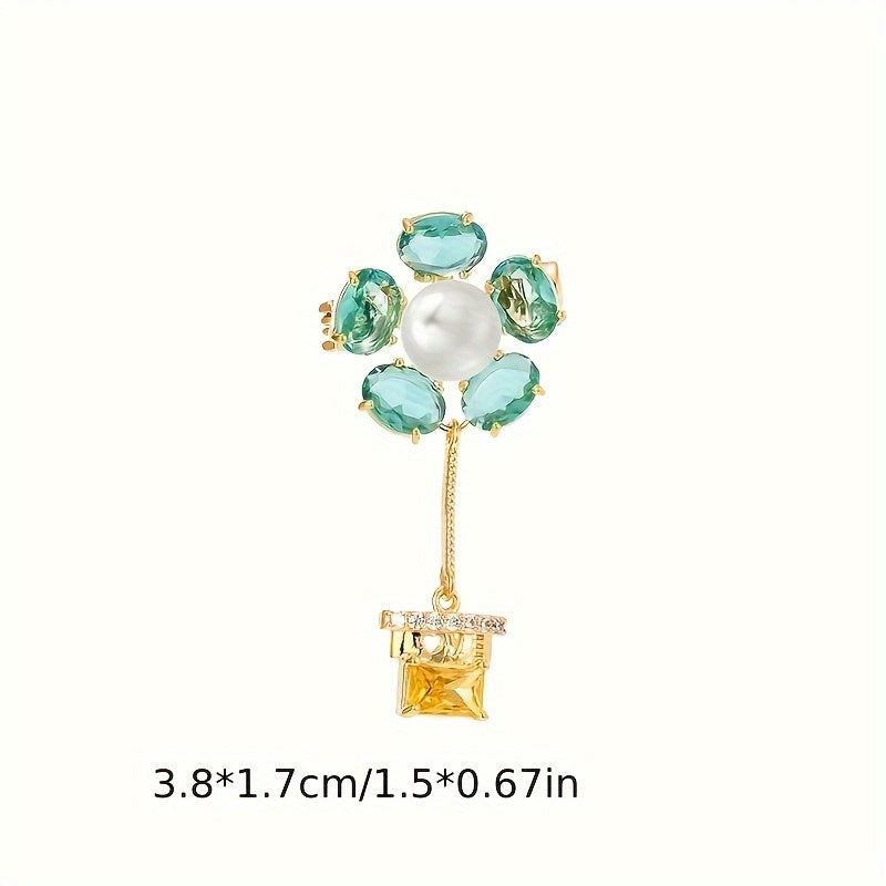 Vintage Green Zirconia and Pearl Flower Brooch Quirky Plant-Shaped Fashion Pin
