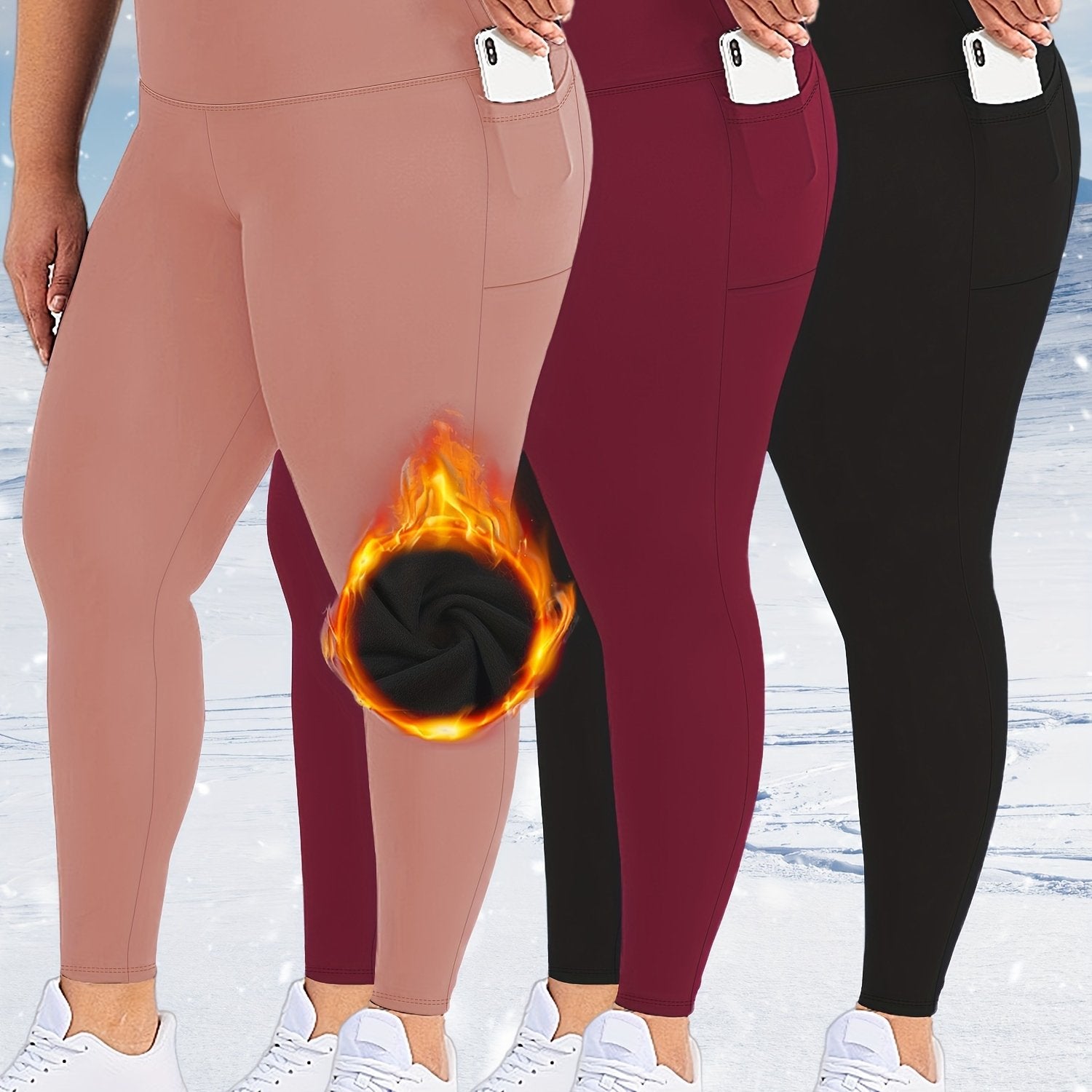 Plus Size High-Waist Fleece-Lined Leggings with Pockets for AutumnWinter Black Gray Burgundy