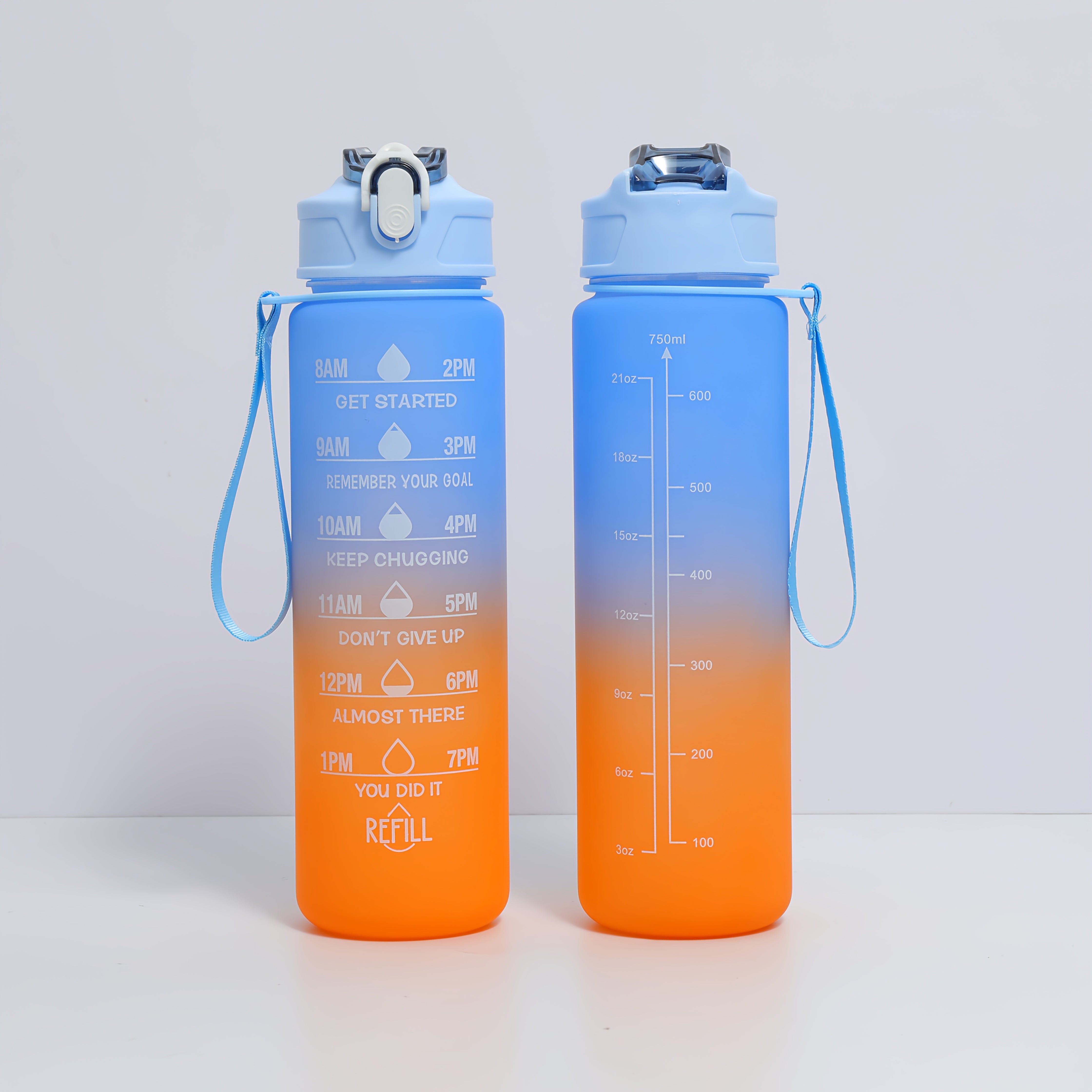 Botellas de agua de plástico con marca de tiempo y pajita, libres de BPA, ligeras, 16oz