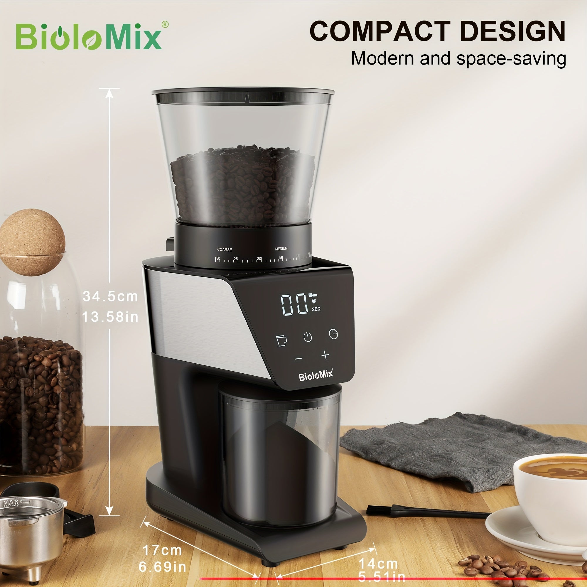 Electric Coffee Bean Grinder Conical Burr 300W Digital Timer 30 Settings