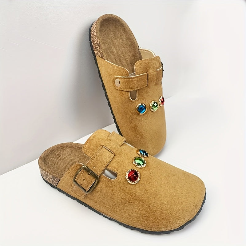 Women's Slip-On Mules Fabric Casual Loafers with Adjustable Straps and Gemstone Accents