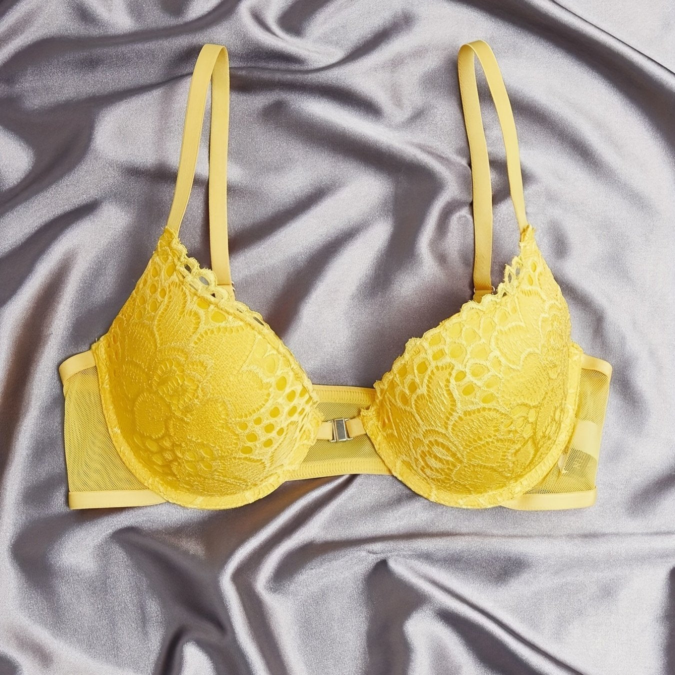 Women's Lace Push Up Bra with Removable Pads High Support Nylon Knit Solid Color