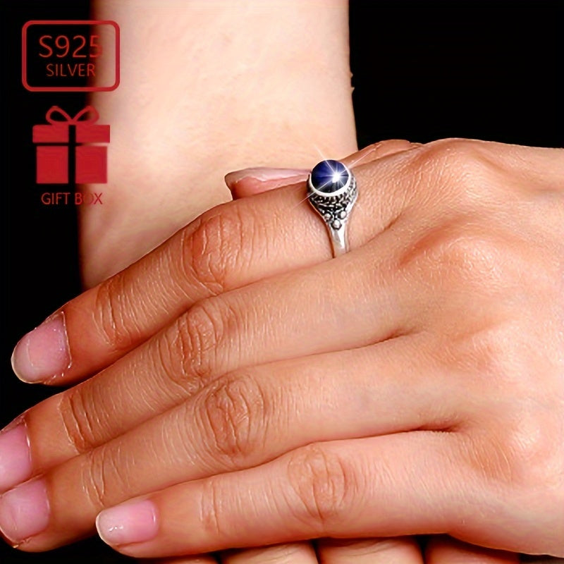 Sterling Silver Blue Chalcedony Gold Stone Round Ring for Women Everyday Wear