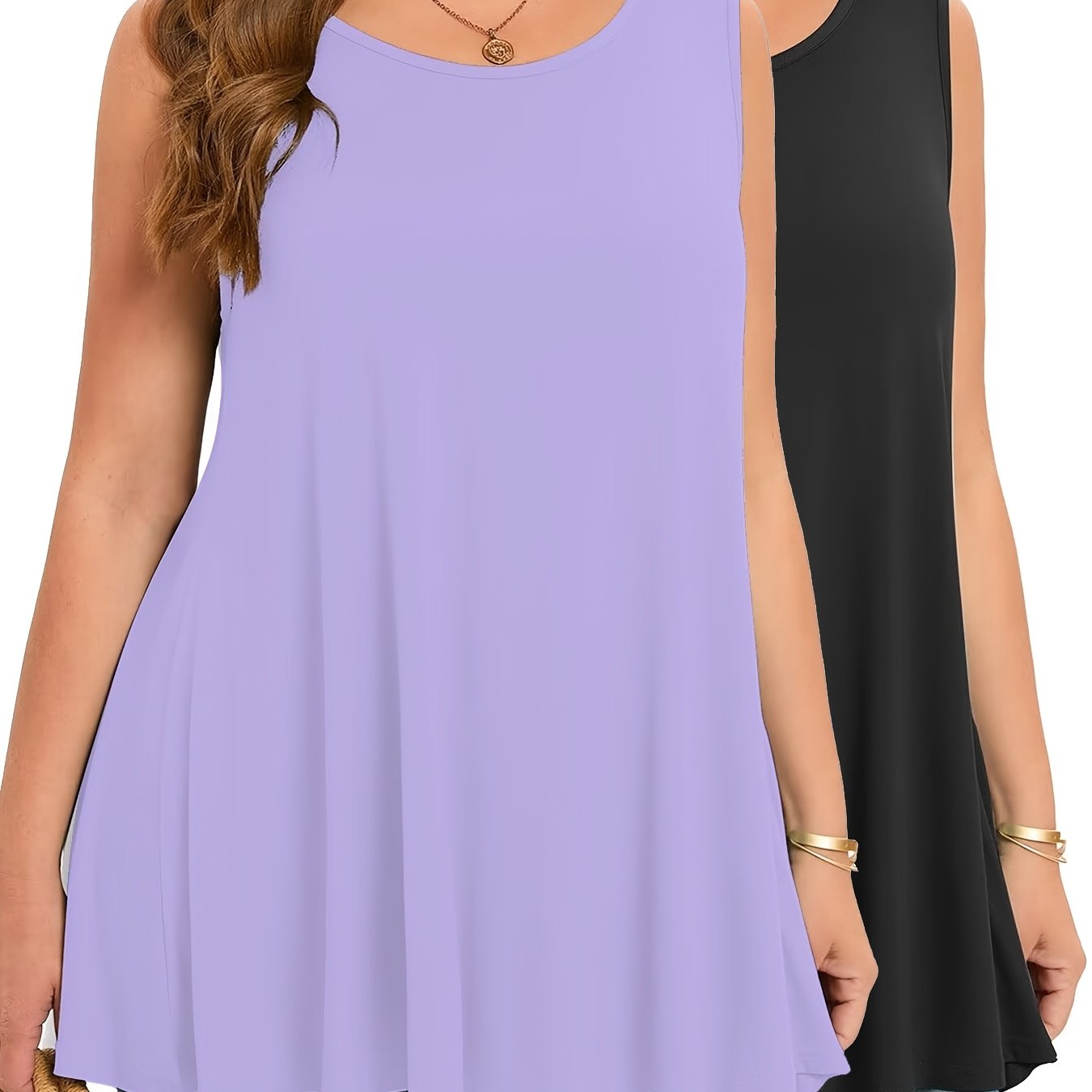 Plus Size Two-Piece Set Sleeveless Tank Top Solid Color Stretchy Casual