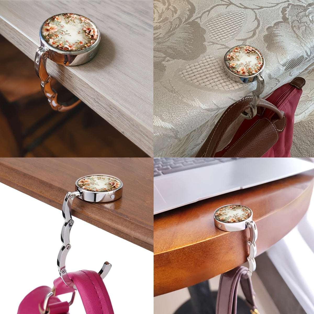 Gancho para bolso con diseño floral de flor de durazno, plegable, elegante, de metal, para mesa