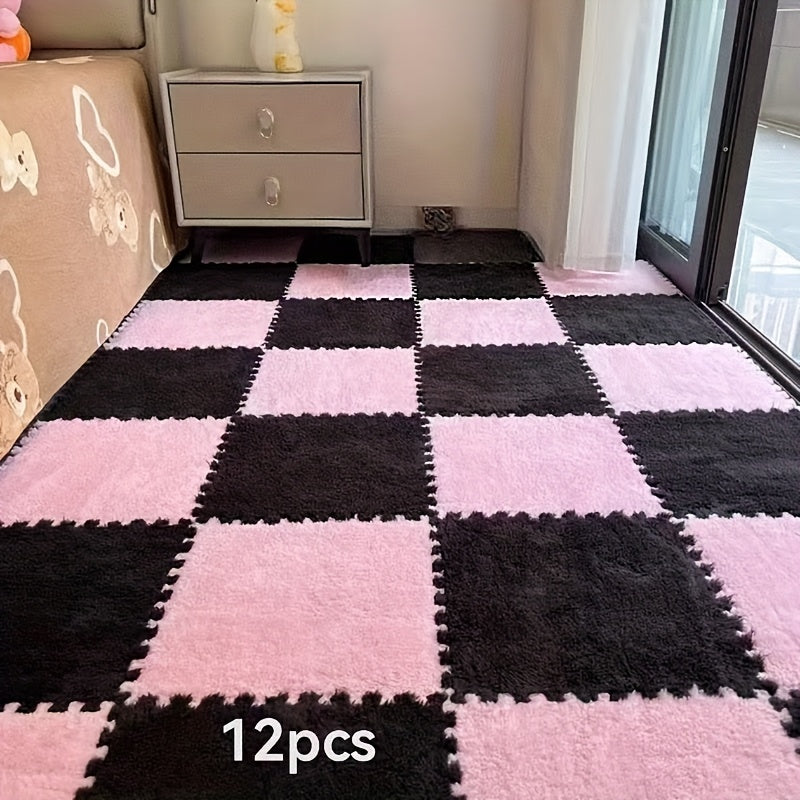 12pcs Square Flower Pattern Plush Area Rugs Set Washable Non-Slip Low Pile Polyester EVA Bedroom Living Room Decor