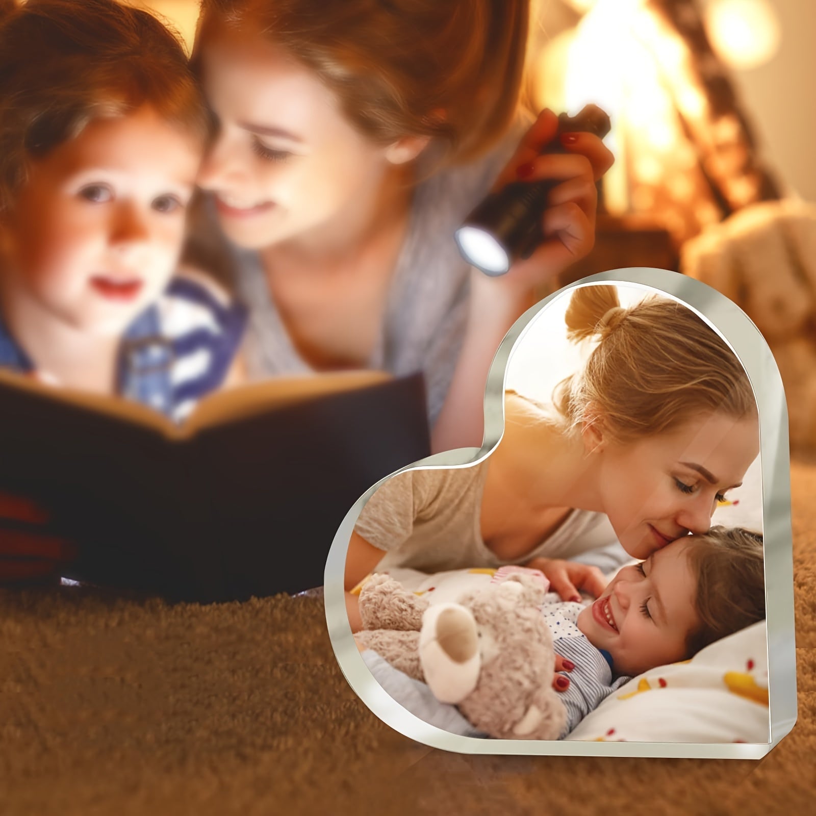 Personalized Heart-Shaped Acrylic Photo Plaque with Teddy Bear for First Year Memories