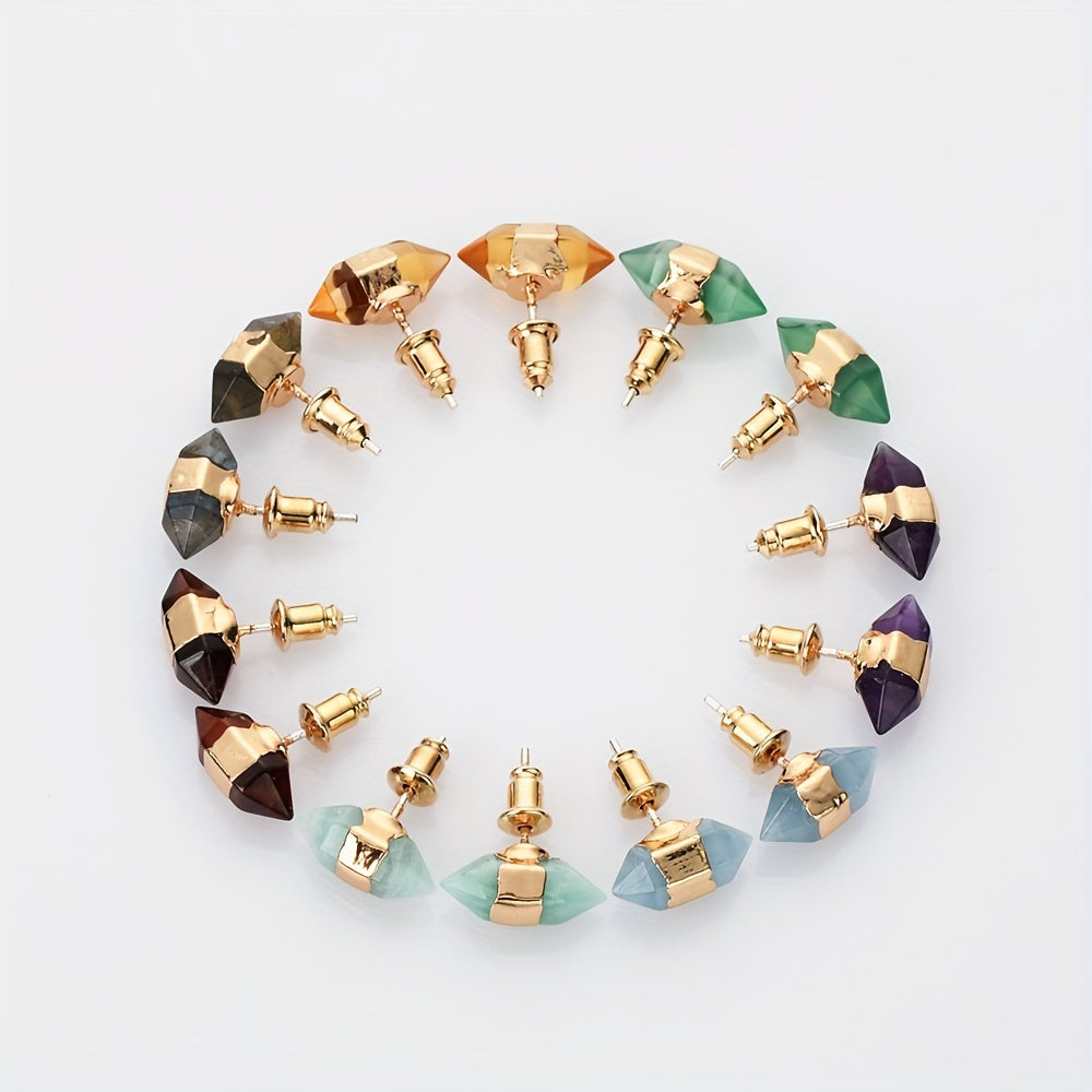 Hexagon Stud Earrings 14K Gold Plated Natural Stone Silver Ear Needle Minimalist Jewelry