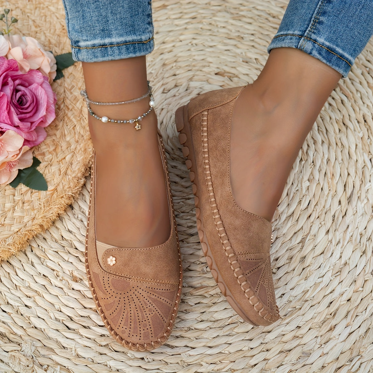 Ayollar uchun vintage gul naqshli lenta bilan yopiladigan kundalik qulay barcha mavsum poyabzali