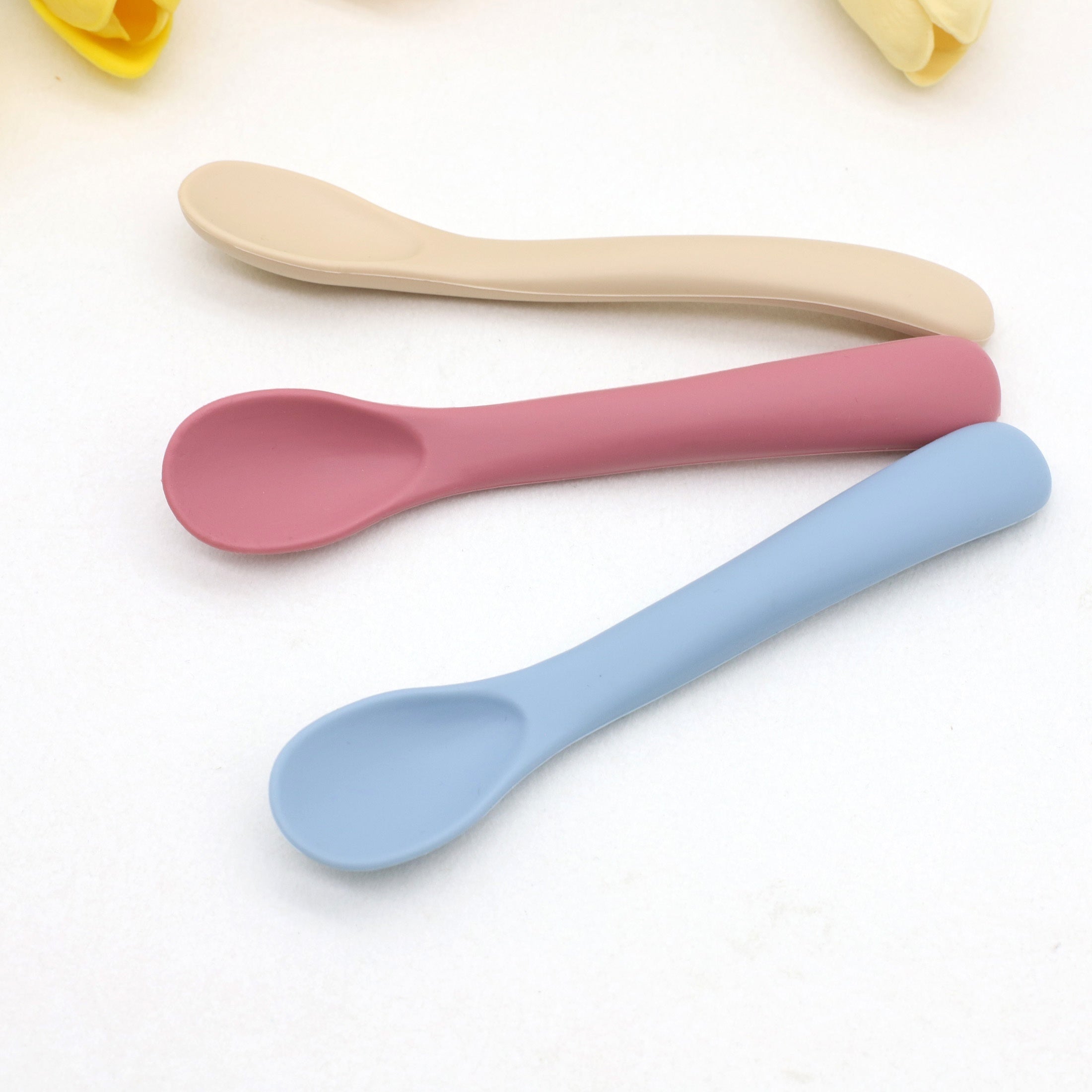 Set of 3 Blue Silicone Baby Feeding Spoons Gentle Secure for Easy Feeding