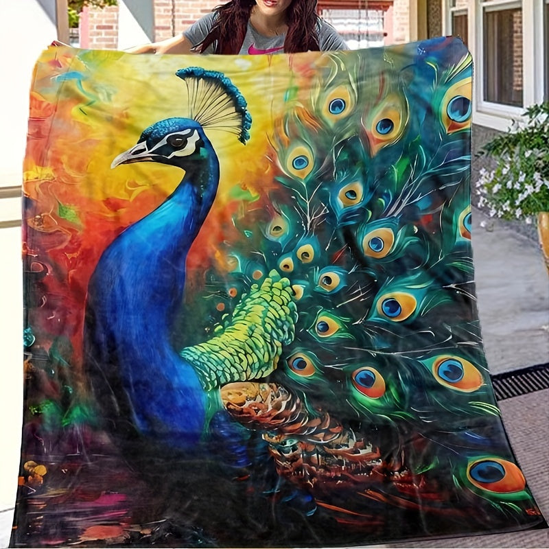 Peacock Print Flannel Throw Blanket for All Seasons Hand Washable Stylish