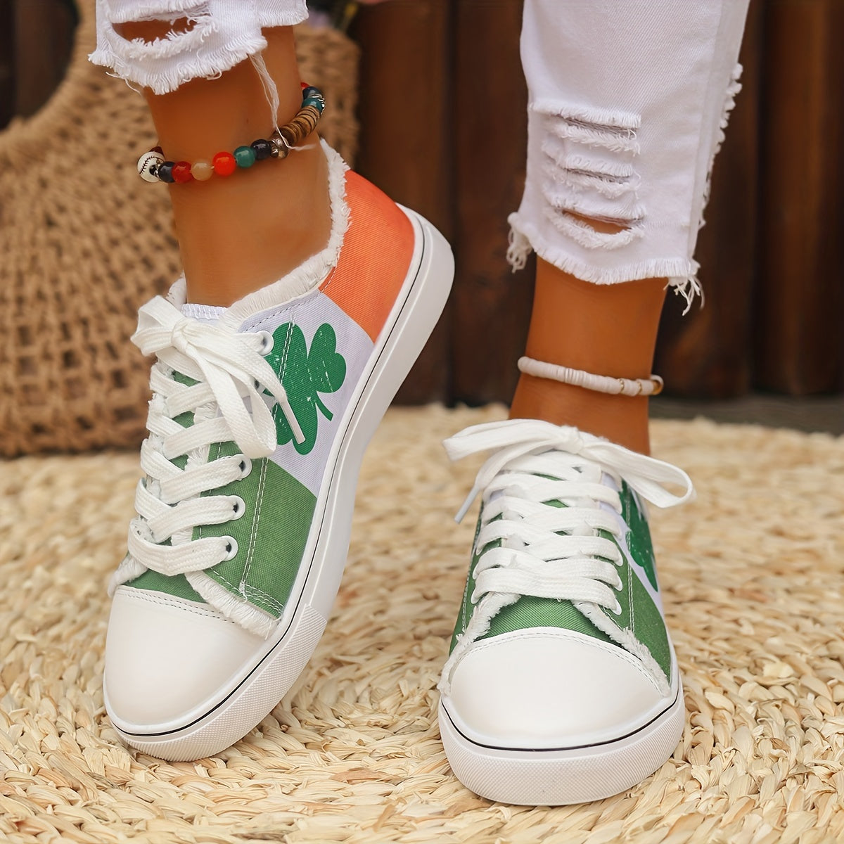 Zapatillas casuales de tela transpirable para mujer con diseño de trébol con bandera irlandesa