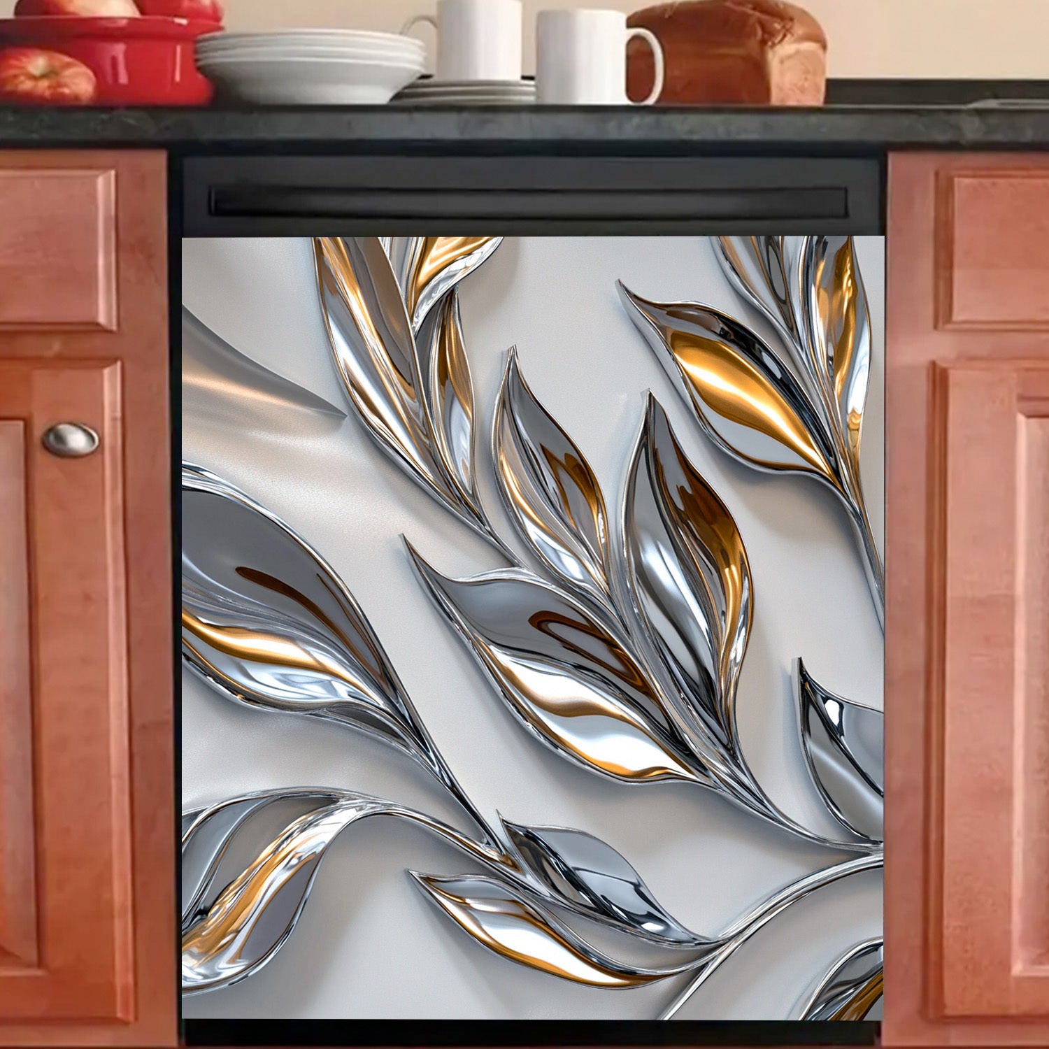 Cubierta de imán para lavavajillas con patrón de hoja de plata y oro, resistente al agua, a prueba de calor, decorativa de paneles metálicos