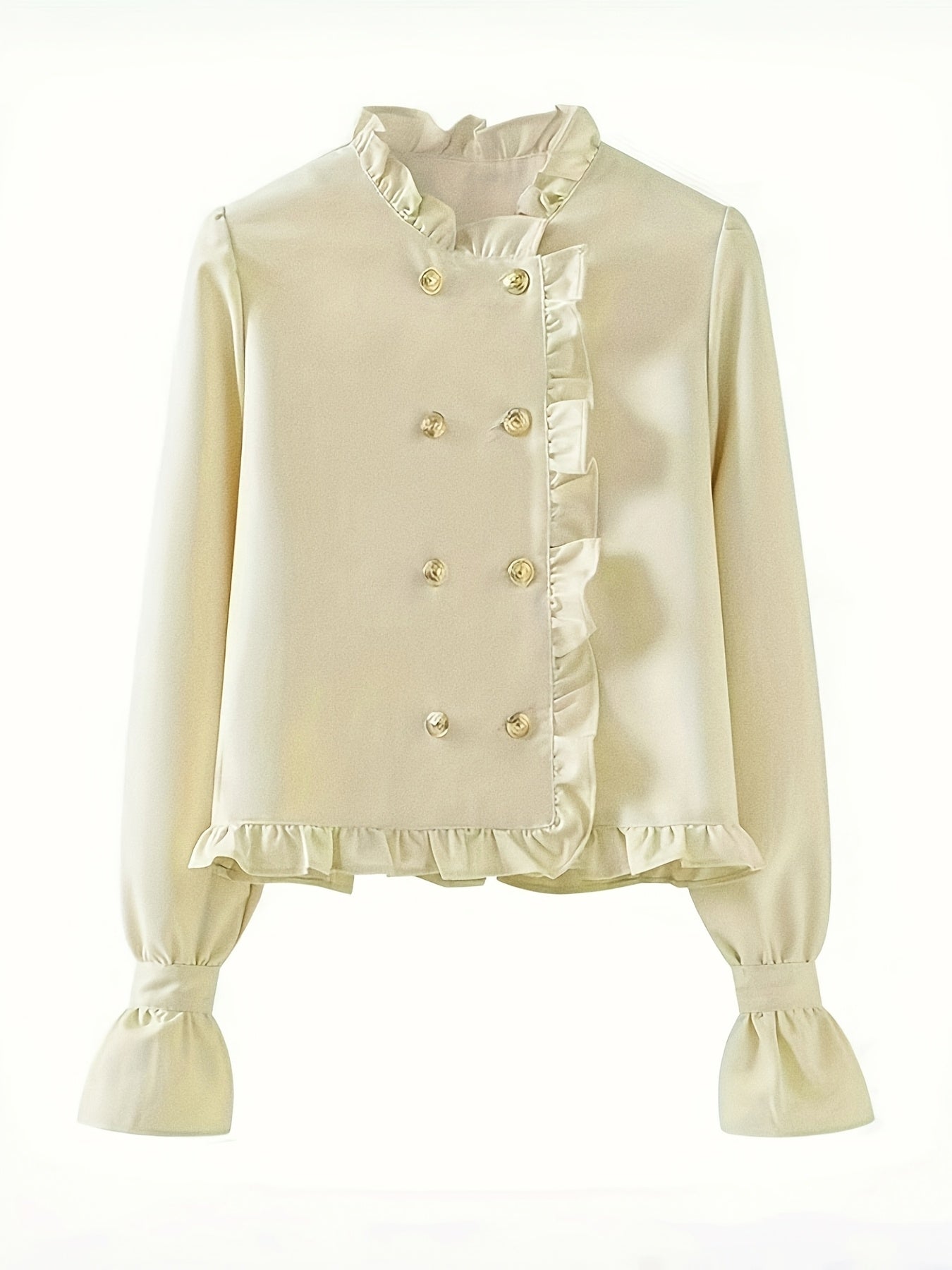 Women's Cream Ruffle Trim Blouse with Stand Collar Polyester Elegant Top