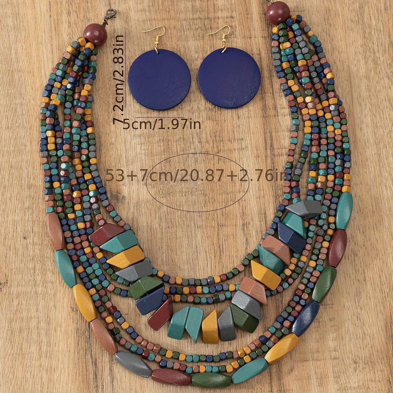 Bohemian Wooden Jewelry Set with Necklace Earrings and Chain in Multiple Colors