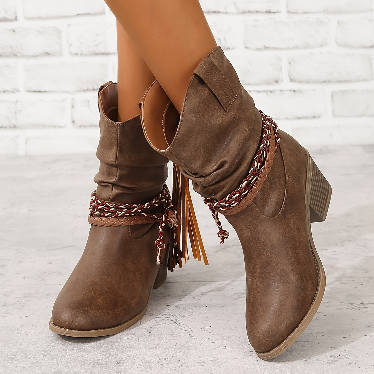 Women Faux Leather Ankle Boots with Tassel Details Chunky Heel Zipper