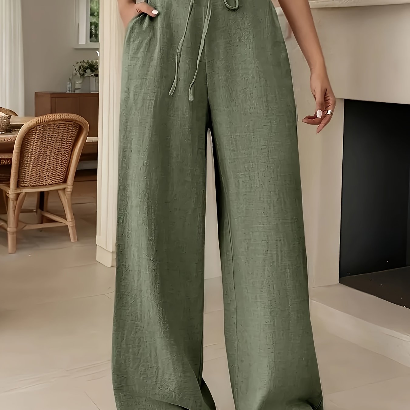 Women Plus Size Solid Color Wide Leg Pants with Pockets and Zipper