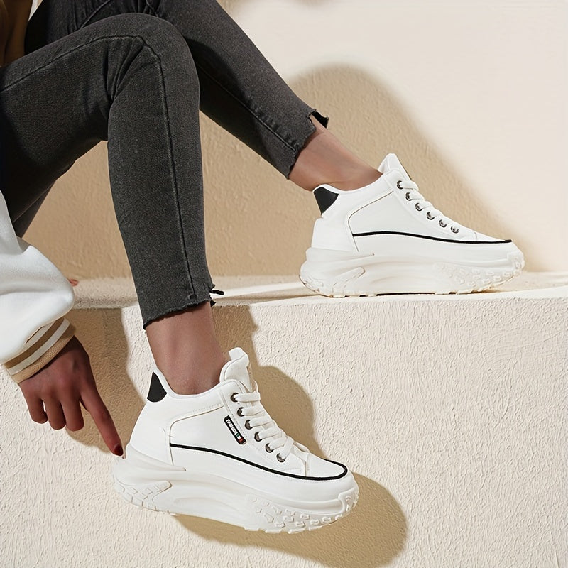 Women's White Breathable Lace-Up High-Top Sneakers for Running and Fitness