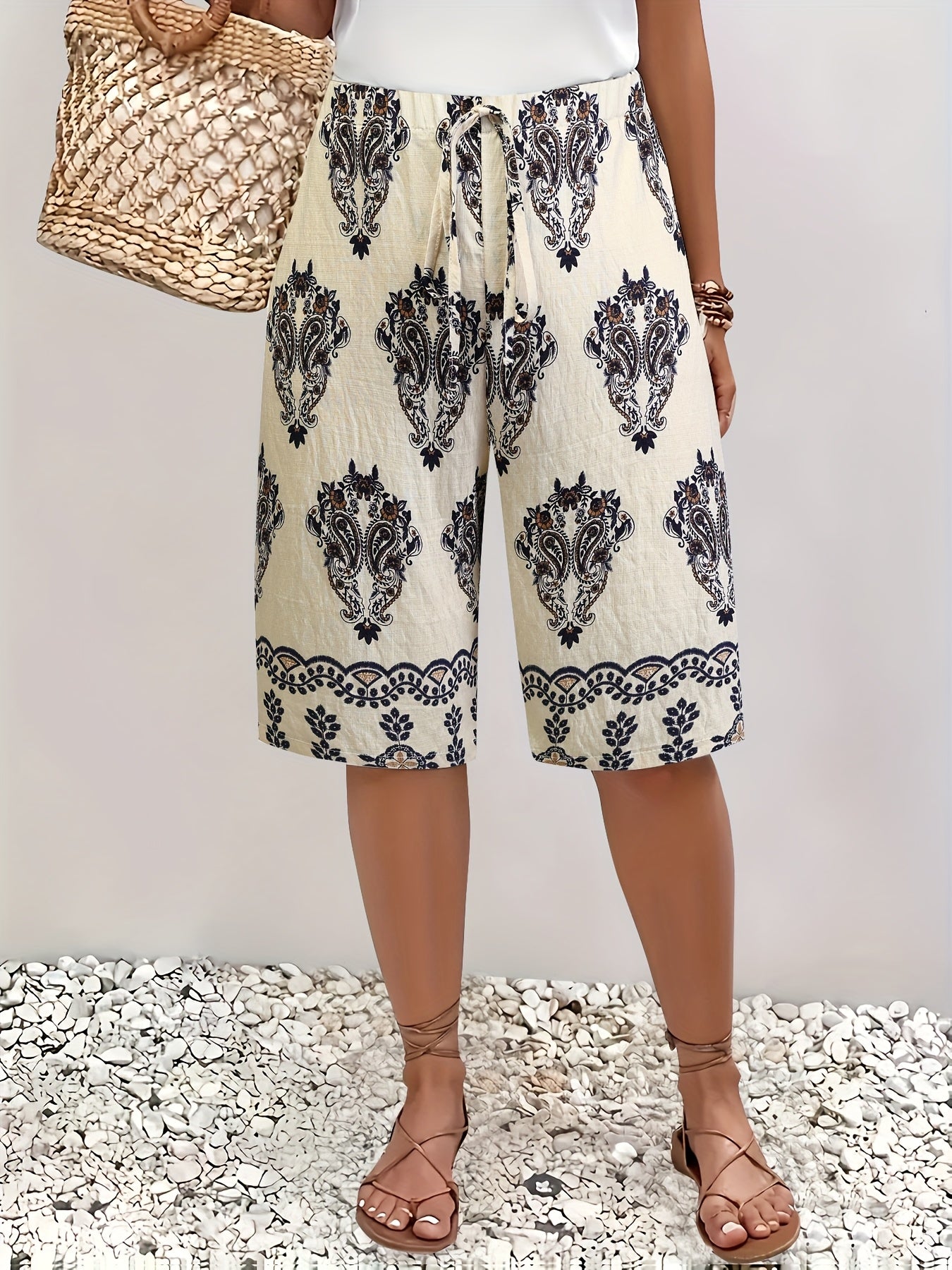 Бермуды для женщин больших размеров с принтом, повседневный стиль для отпуска, ткань без растяжения