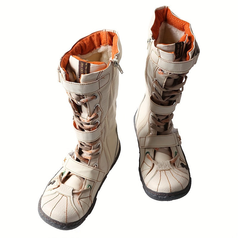 Women's Retro Leather Mid Heel Boots Lace Up Side Zipper Casual