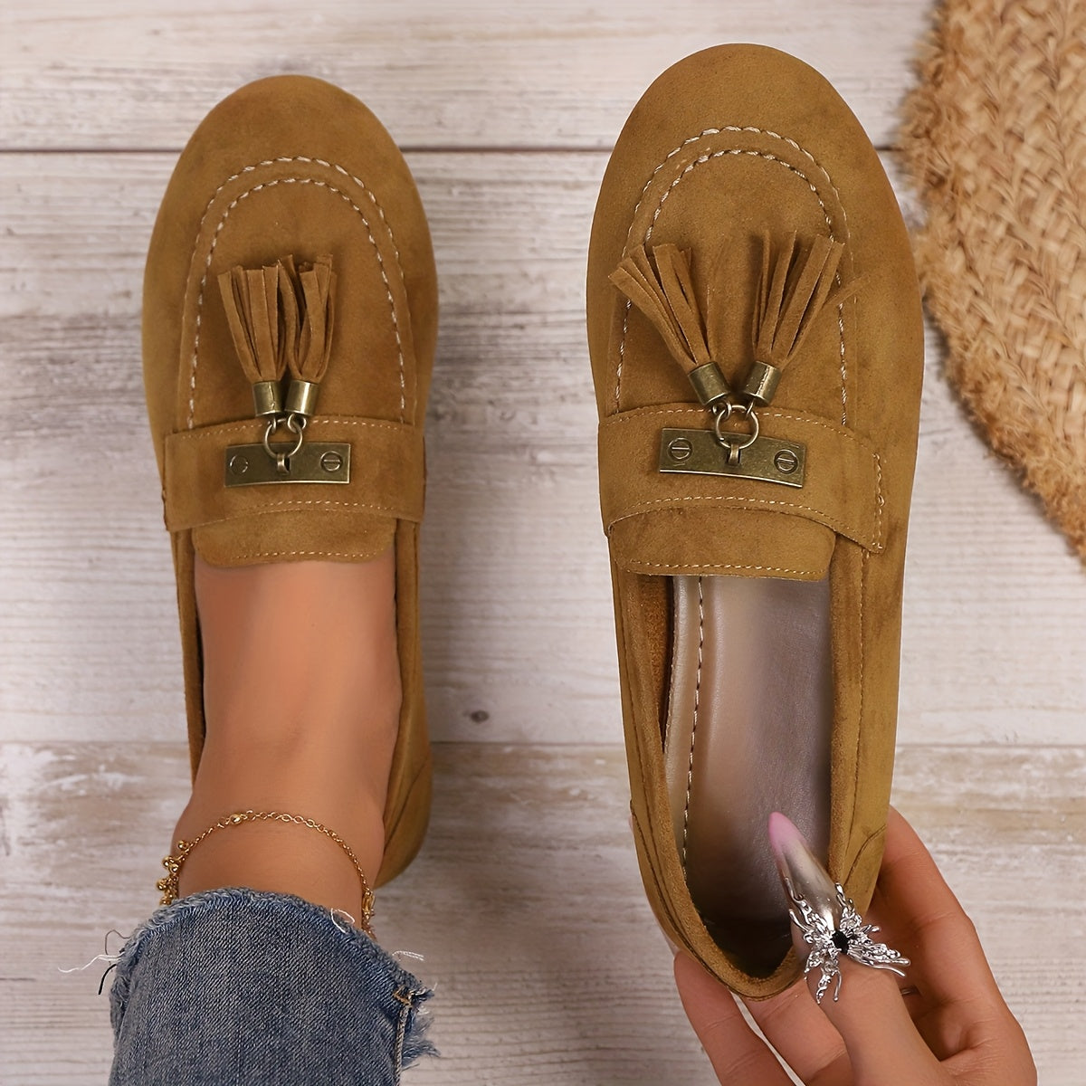 Women's Slip-On Loafers Non-Slip TPR Sole Floral Tassel Cushioned Insole