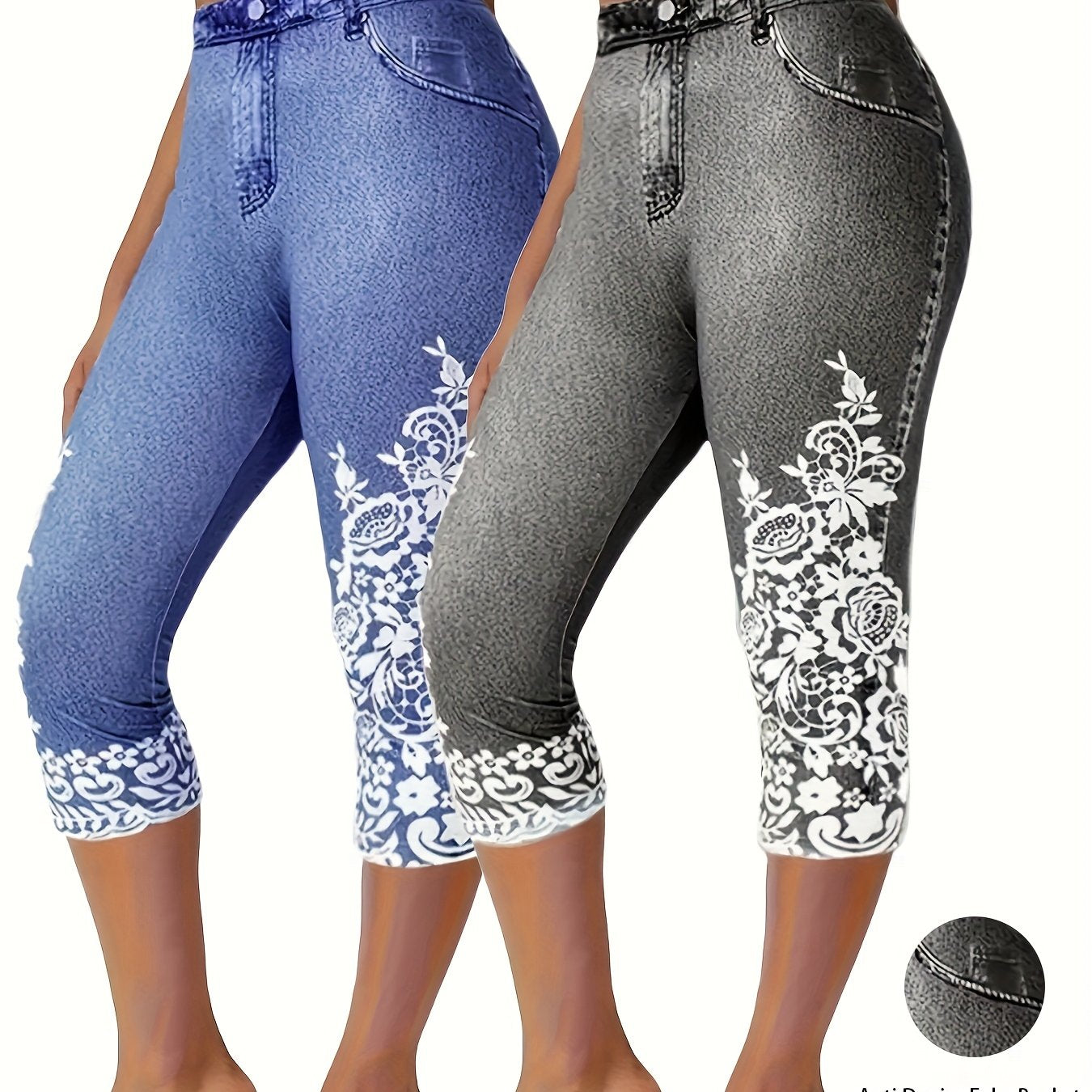 Women's Faux Denim Cropped Leggings 2-Pack Oversized Black Blue