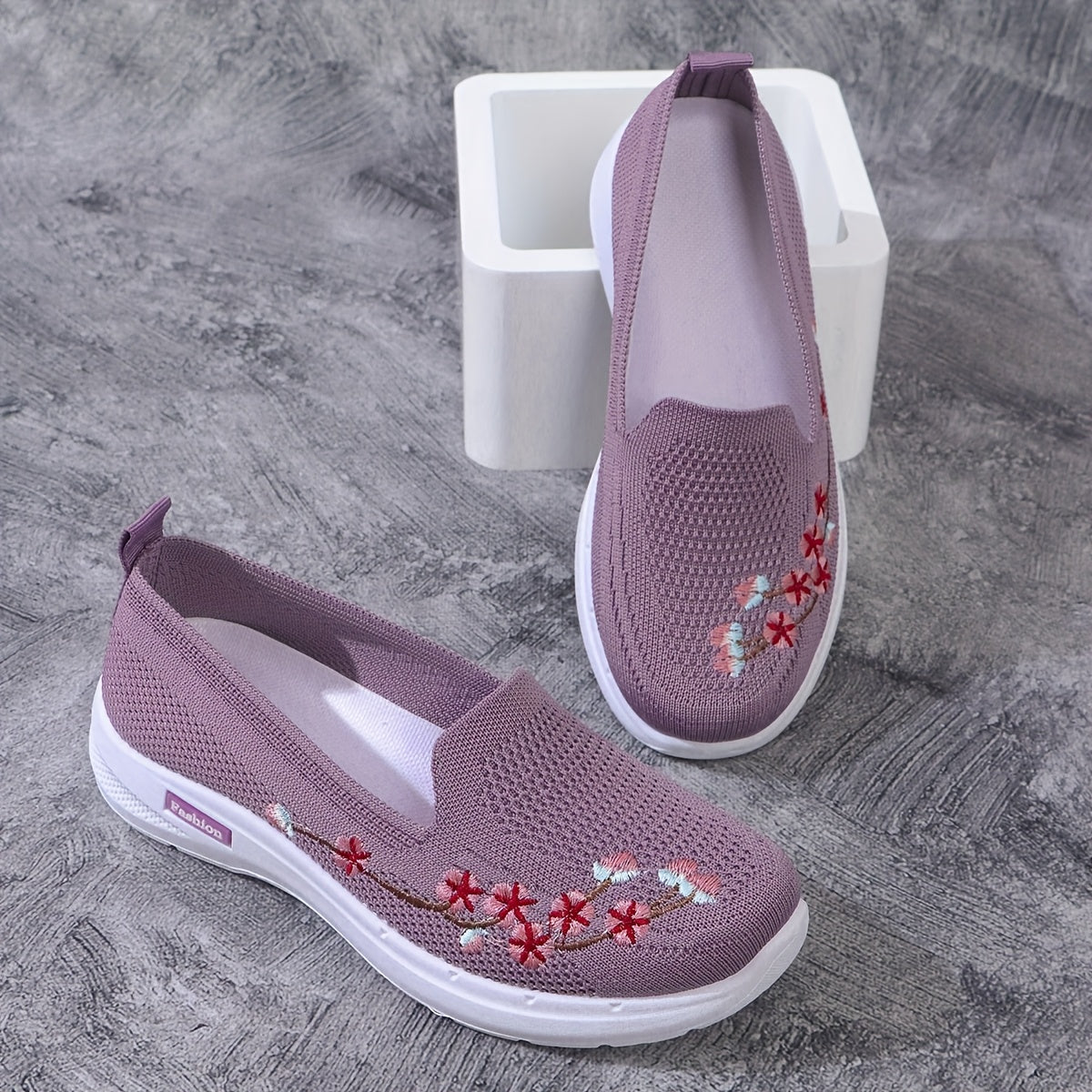 Women's Light Blue Slip-On Sneakers with Floral Embroidery for Summer Walks