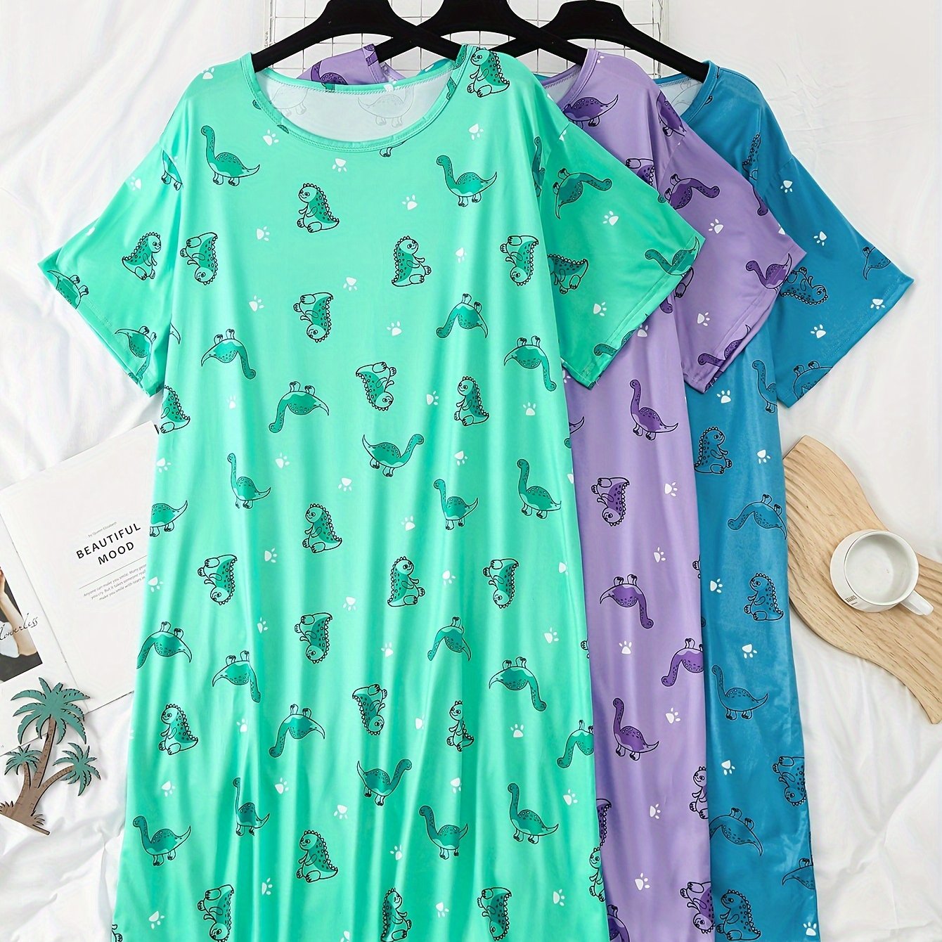 Women's Plus Size Cartoon Dinosaur Short Sleeve Sleep Dress
