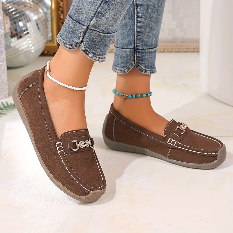 Women's Slip-On Loafers Leather Casual Flats with Metallic Buckle Black Brown Beige