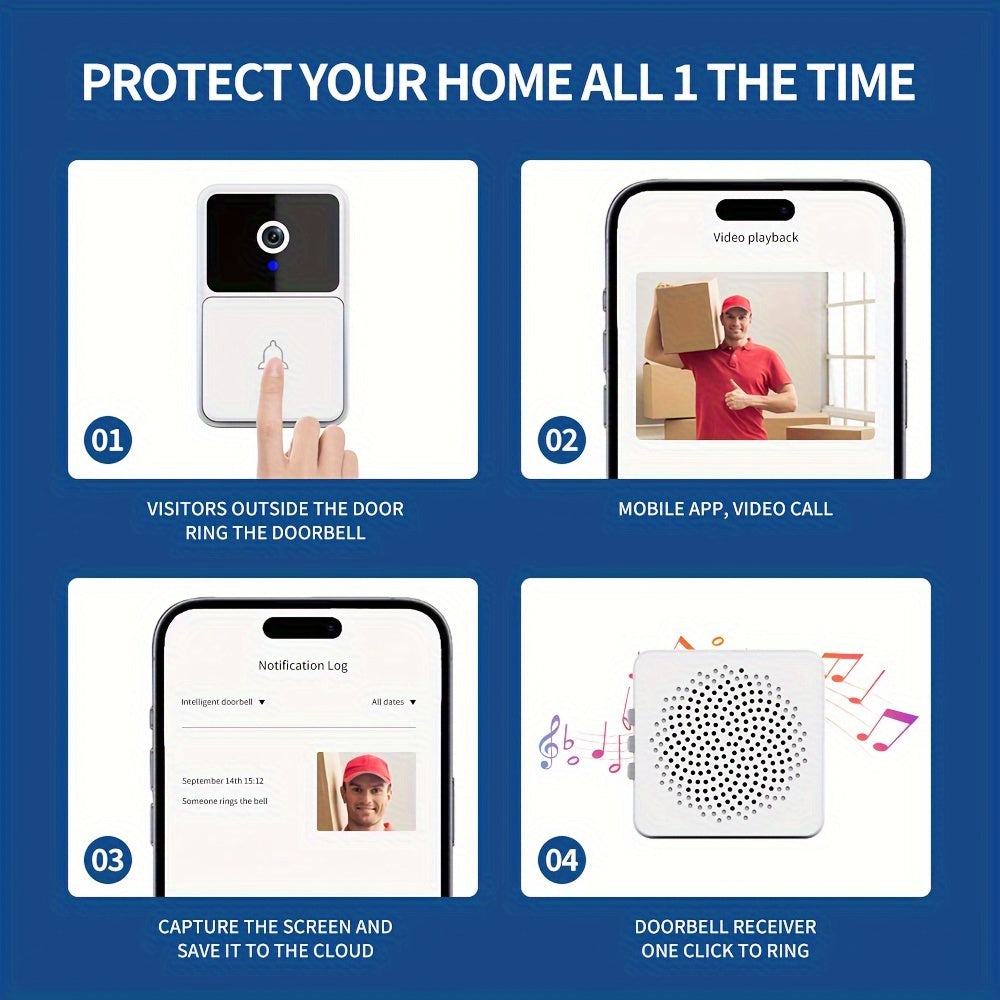 1 шт. Умный визуальный видеодомофон с камерой и двусторонним аудио, беспроводной и управляемый через приложение, ночное видение, питание от USB, перезаряжаемая батарея, поддержка Wi-Fi, для внутреннего/внешнего использования - 2 цвета