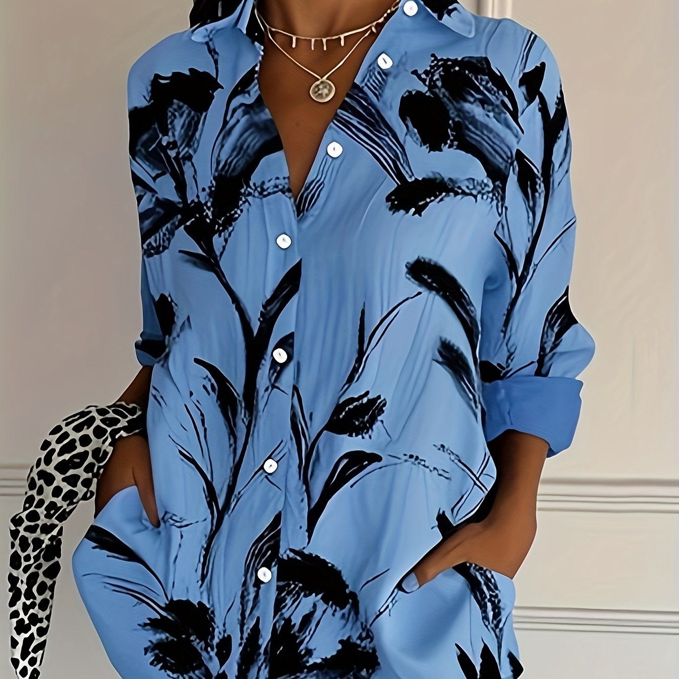 Plus Size Women's Floral Print Long Sleeve Shirt Light Blue Black Casual Blouse