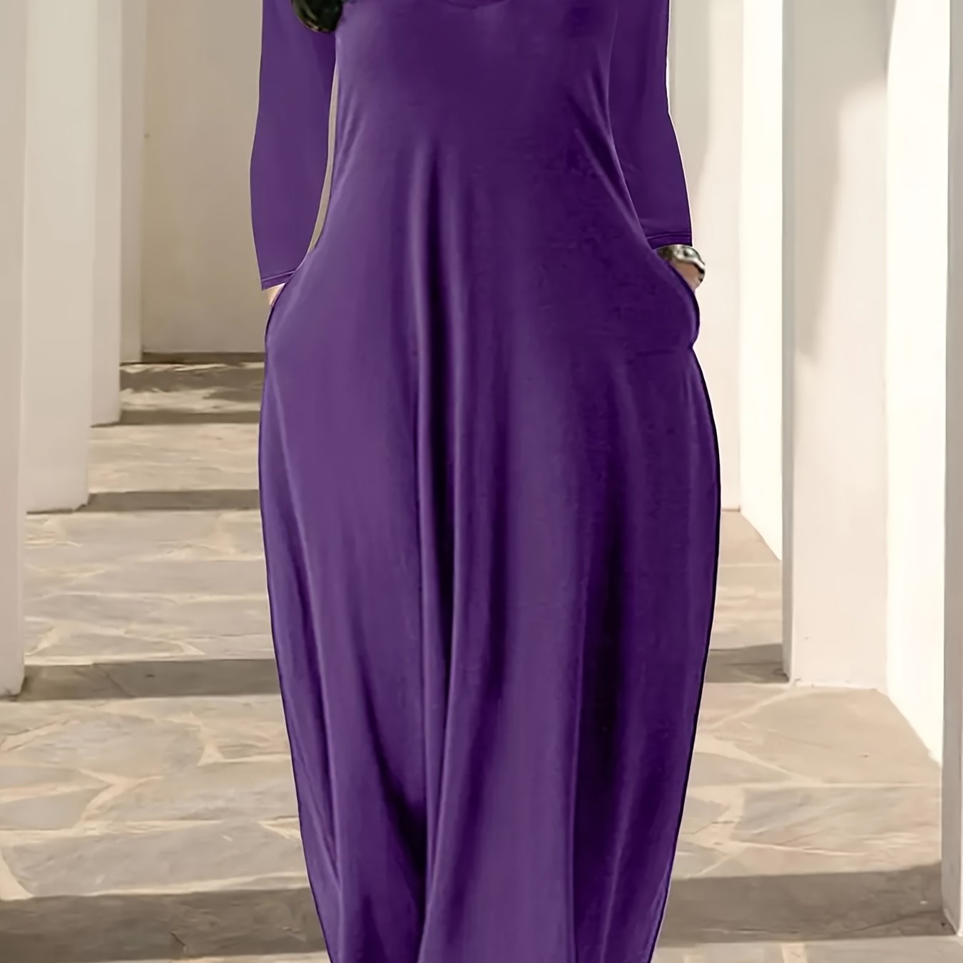 Plus Size Solid Color Maxi Dress with V Neck Long Sleeves Pockets