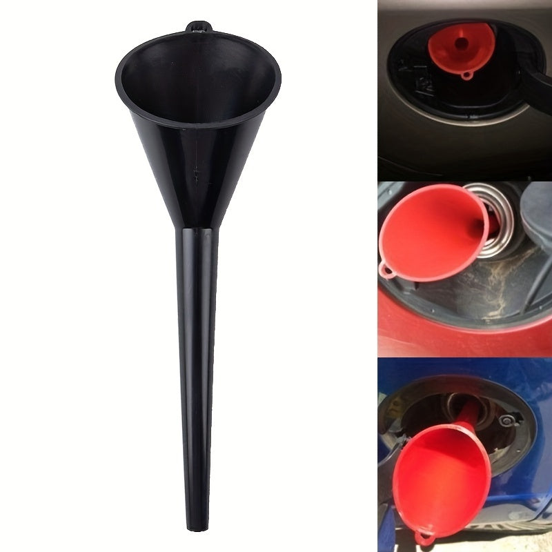 Black Plastic Oil Funnel with Long Neck and Hanging Hook for Automotive Use