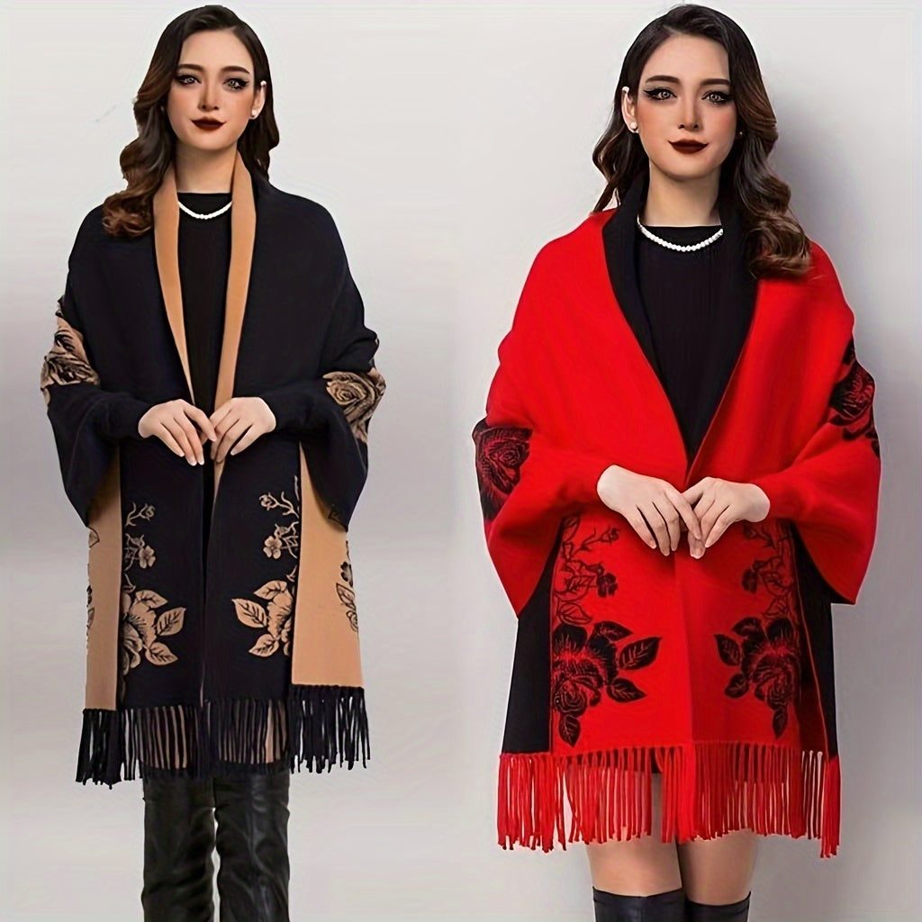 Double-Sided Knit Shawl with Floral Design for Women Autumn Winter Polyester Woven Decorative