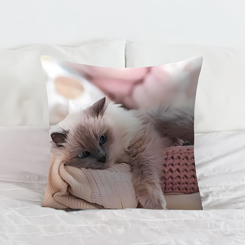 Lazy Cat Pillow Cover Double-Sided Printing 45cm Polyester French Style Zippered Washable