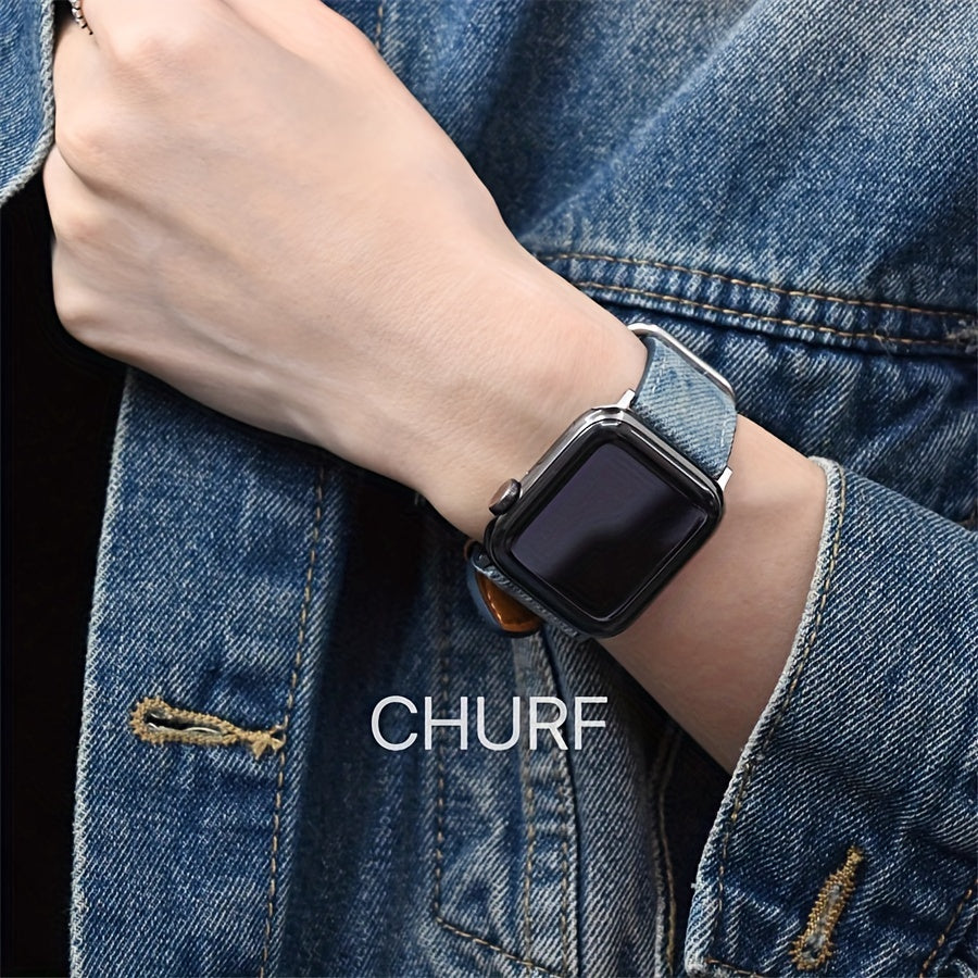 Denim va metalldan tayyorlangan Apple Watch tasmasi, kumush rangli qopqoq bilan, turli xil Apple Watch o'lchamlari va seriyalariga mos keladi, mustahkam va zamonaviy dizayn.