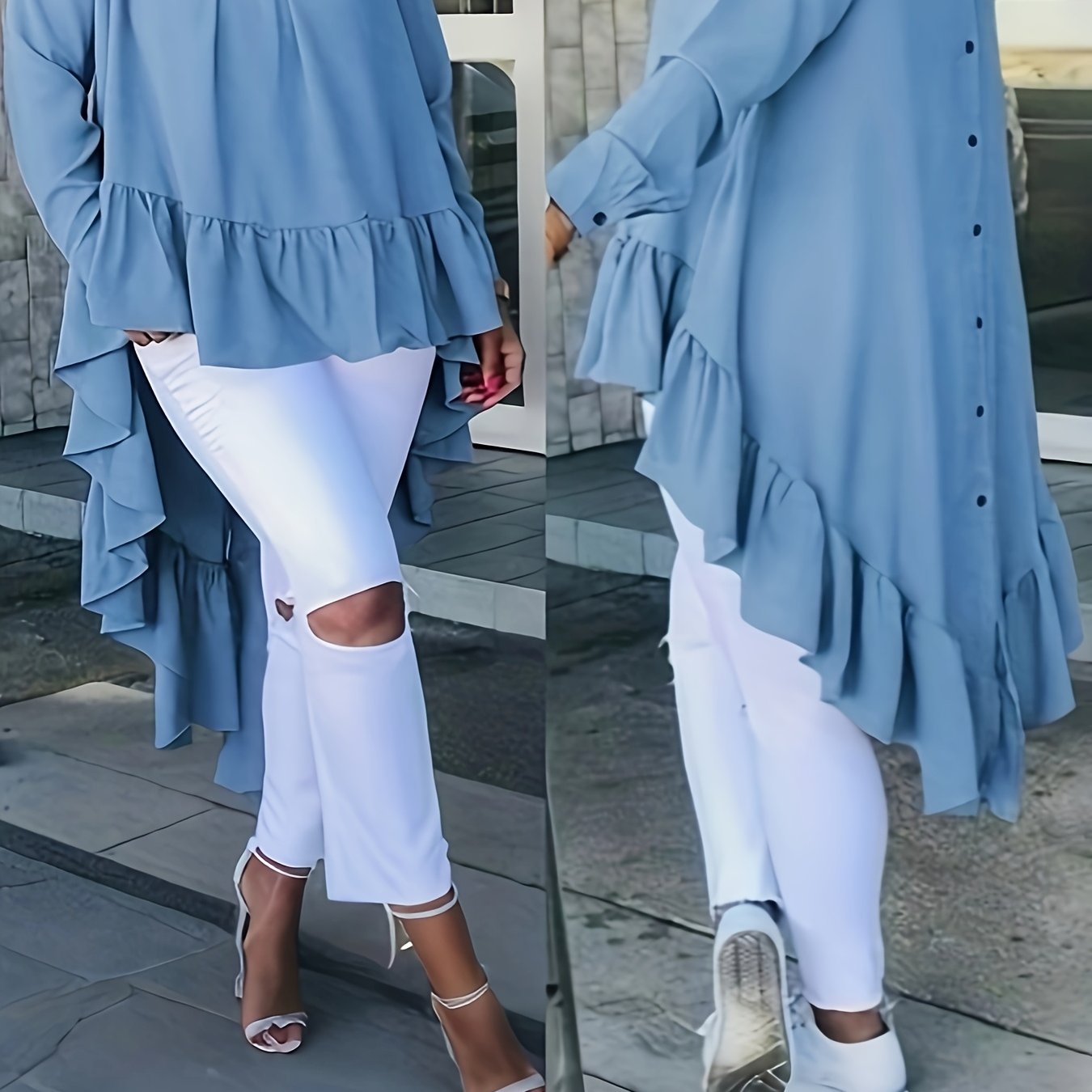 Блузка женская повседневная большого размера с голубым рюшевым краем и длинными рукавами, всесезонная