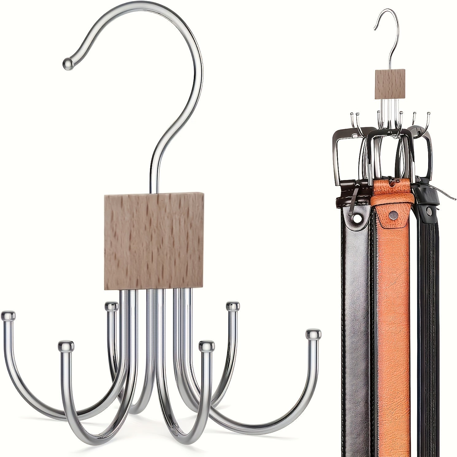 Rotating Wood Belt Hanger Organizer with Stainless Steel Hooks for Closet Storage