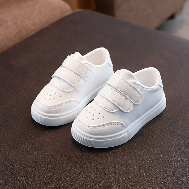 Boys' White Outdoor Walking Shoes with Breathable Soles, Low Top, Hook and Loop