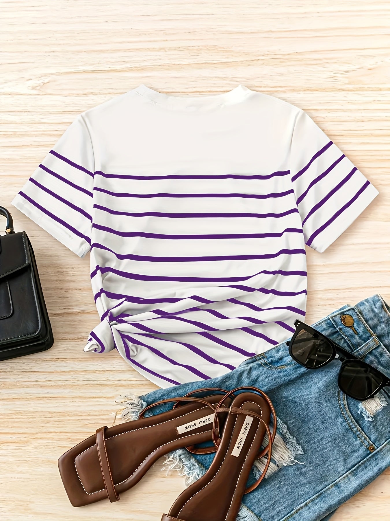 Plus Size Women's Casual Striped T-Shirt Blue White Breathable Summer Top
