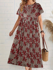 Women's Floral Print Polyester A-Line Midi Dress with Drop Shoulder Sleeves for Spring Summer Fall