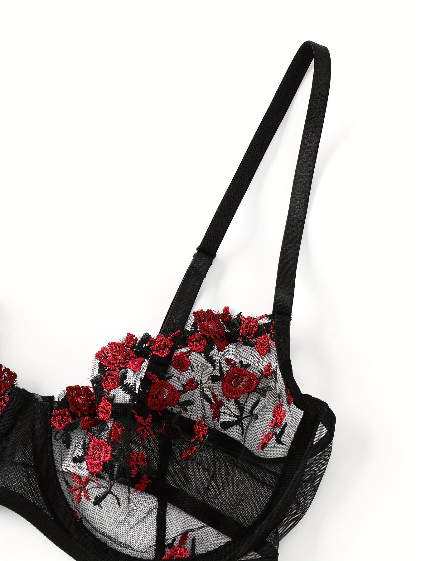 Women's Floral Embroidered Semi Sheer Lingerie Set with Bra and Thong