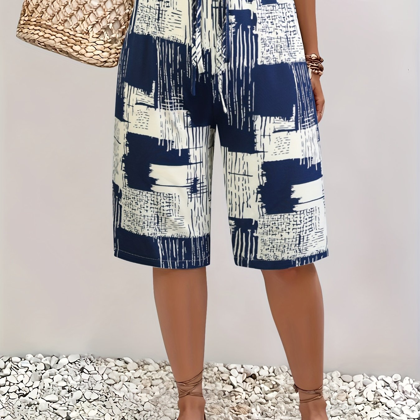 Шорты для женщин больших размеров с абстрактным принтом морской волны и белым цветом, повседневные, с шнурком