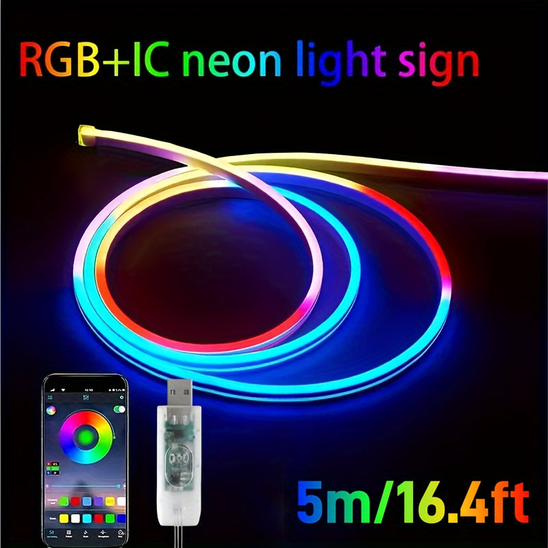 AMill LED Neon Lenta Yoritgichlari - 100.58/298.7/499.87sm, Musiqa Sinxronizatsiyasi, Ilova Bilan Boshqarish, Ichki/Tashqi Dekor uchun Moslashuvchan RGB+IC Yoritish, Bayramlar, USB Bilan Quvvatlanadi