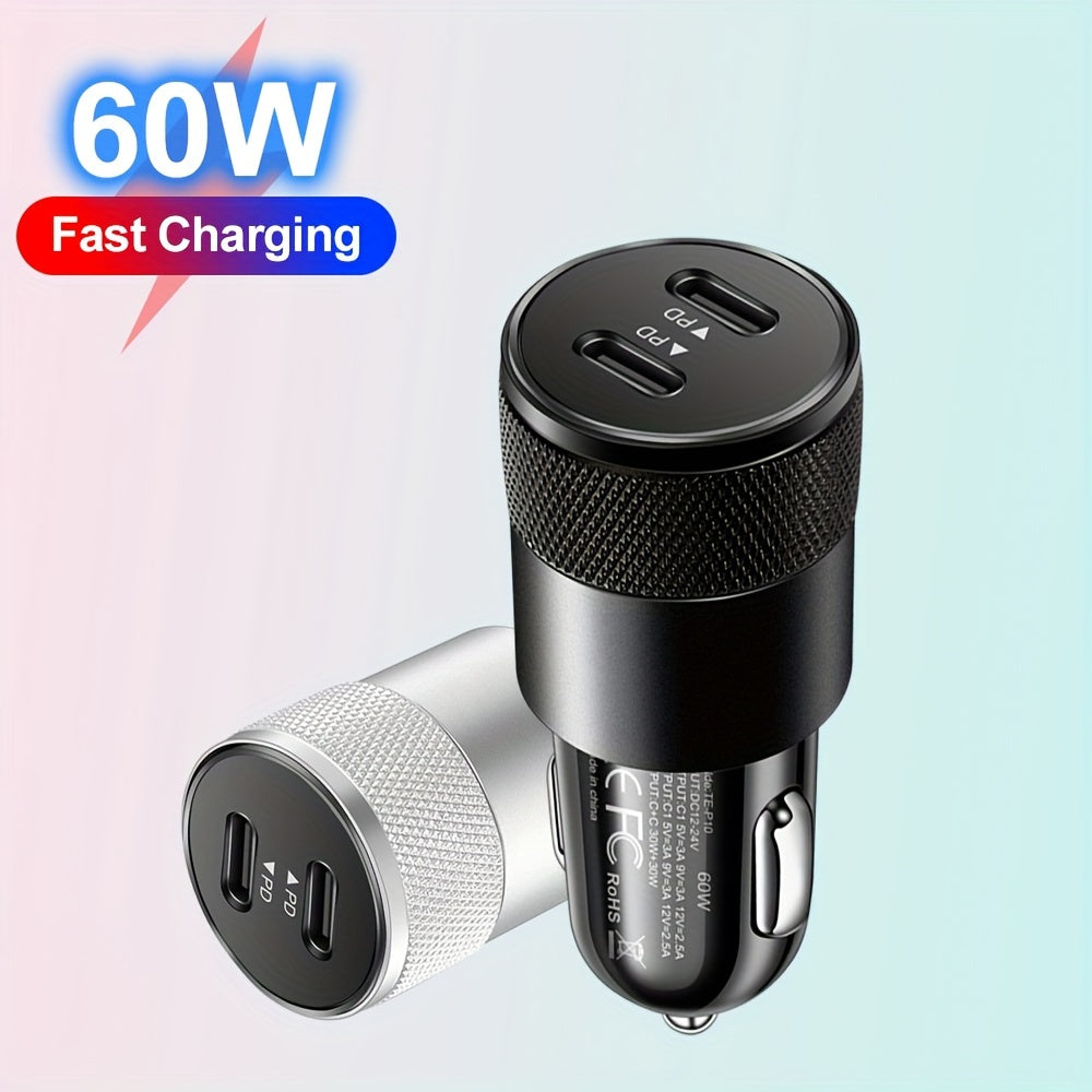 Dual USB-C Car Charger 60W Fast Charging Adapter with Quick Charge 3.0